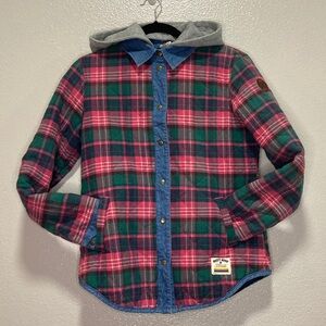 Roxy Quilted Plaid Elbow Patch Chambray Shacket Jacket Snap Shirt sz S/M?